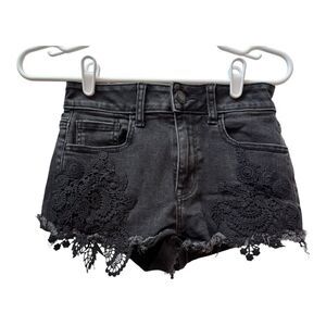 American Eagle‎ Black Y2K Denim Shorts Lace Detail Frayed Hem